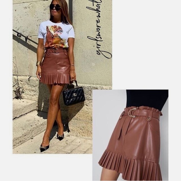 ZARA NWOT Faux Leather Pleated Skirt Size SMALL Brown BLOGGER Favorite - Picture 9 of 13